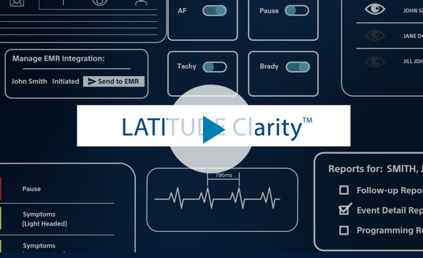 : Icons of the LATITUDE Clarity Data Management System with button to play the system overview video